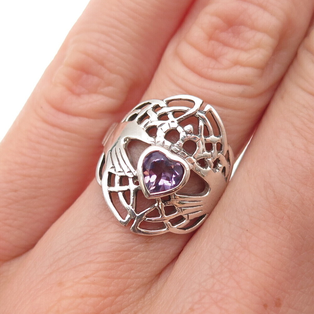 Peter Stone 925 Sterling Silver Vintage Real Amethyst Irish Claddagh Ring Size 6